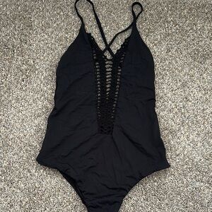 Black Crochet-Detail One-Piece Swimsuit